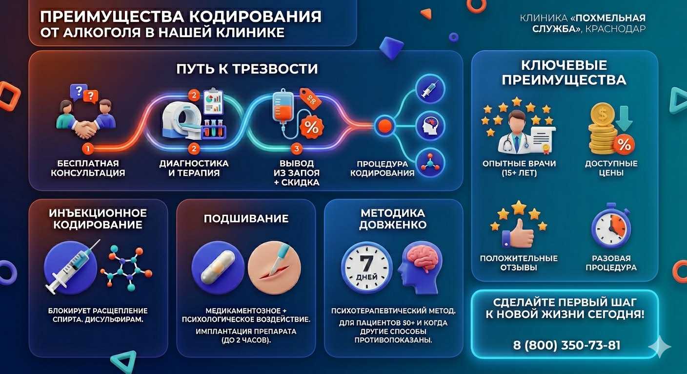 Инфографика о методах кодирования от алкоголя в Черкассах: инъекции, подшивание, метод Довженко. Преимущества клиники и этапы лечения.